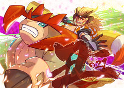  1boy absurdres alternate_color armor bad_id bad_pixiv_id blonde_hair brown_eyes commentary_request facepaint gauntlets highres jewelry keiji_(pokemon) long_hair male_focus necklace open_mouth partial_commentary pokemon pokemon_(creature) pokemon_conquest riding riding_pokemon shiny_pokemon smile teeth terrakion tom_(pixiv10026189) 