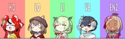  5girls :d antlers apron beret blonde_hair blue_eyes blue_hair blush braid brown_eyes brown_hair ceres_fauna ceres_fauna_(new_year) clenched_hands closed_eyes cup dark-skinned_female dark_skin feathers floral_print flower frilled_apron frills green_hair hair_bobbles hair_flower hair_ornament hakos_baelz hakos_baelz_(new_year) haori hat headpiece highres holocouncil hololive hololive_english horns japanese_clothes jb_jagbung kimono korean_commentary limiter_(tsukumo_sana) long_hair looking_at_viewer mug multicolored_hair multiple_girls nanashi_mumei nanashi_mumei_(new_year) o_o official_alternate_costume one_eye_closed open_mouth orange_eyes ouro_kronii ouro_kronii_(new_year) own_hands_together palms_together pink_kimono red_hair red_shawl shawl simple_background smile sparkle streaked_hair swept_bangs tassel teeth triangle_mouth tsukumo_sana tsukumo_sana_(new_year) twin_braids virtual_youtuber |_| 