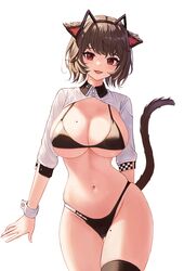  animal_ears atago_(azur_lane) atago_(azur_lane)_(cosplay) atago_(stunning_speedster)_(azur_lane) azur_lane bikini black_bikini black_thighhighs blush breasts brown_eyes brown_hair cat_ears cat_tail commission cosplay female hairband highleg highleg_bikini highres large_breasts looking_at_viewer mole mole_on_breast mole_on_thigh mole_under_eye moth1 navel open_mouth original prunechi race_queen short_hair shrug_(clothing) simple_background smile solo swimsuit tail thighhighs two-tone_bikini white_background wrist_cuffs 