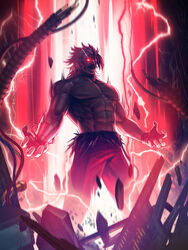  1boy abs artist_request bare_pectorals biceps cyborg electricity facial_hair glowing glowing_eye harness heterochromia highres male_focus manly mechanical_arms mechanical_parts moustache muscular muscular_male official_art omega_rugal open_hands pants pectorals photoshop_(medium) rugal_bernstein single_mechanical_arm snk solo suspenders suspenders_slip the_king_of_fighters the_king_of_fighters_&#039;95 the_king_of_fighters_all-stars 