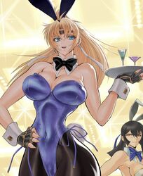  2girls alcohol animal_ears bare_shoulders black_bow black_bowtie black_gloves black_hair blonde_hair blue_eyes blue_leotard bow bowtie breasts cleavage cocktail cocktail_glass commentary_request covered_navel cup detached_collar drinking_glass fingerless_gloves fingernails gloves hand_on_own_hip highleg highleg_leotard highres holding holding_plate kasaki_yoshihiko large_breasts leotard long_fingernails long_hair martial_champion multiple_girls open_mouth pantyhose plate playboy_bunny rabbit_ears rabbit_tail racheal sharp_fingernails shiny_clothes shiny_skin strapless strapless_leotard tail tray wrist_cuffs 