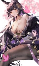  absurdres animal_ear_fluff animal_ears azur_lane beads black_hair breasts cleavage facial_mark female fox_ears fox_girl fur_trim hair_ornament highres japanese_clothes jewelry kimono large_breasts long_hair looking_at_viewer magatama magatama_necklace musashi_(azur_lane) nail_polish necklace pantyhose prayer_beads solo thighband_pantyhose very_long_hair xiongshouji yellow_eyes 