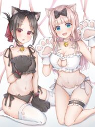  2girls :d absurdres animal_ear_fluff animal_ears animal_hands bell between_legs black_bow black_bra black_gloves black_hair black_panties black_ribbon blue_eyes blunt_bangs bow bra breasts cat_cutout cat_ears cat_lingerie cleavage cleavage_cutout clothing_cutout collar collarbone commentary frilled_bra frills fujiwara_chika gloves groin hairbow hand_between_legs heart_cutout highres kaguya-sama_wa_kokurasetai_~tensai-tachi_no_renai_zunousen~ kneeling large_breasts legwear_garter long_hair looking_at_viewer meme_attire multiple_girls navel neck_bell open_mouth panties parted_bangs paw_gloves pink_hair poe_(528yuzunon) red_eyes ribbon shinomiya_kaguya short_hair side-tie_panties simple_background single_legwear_garter smile straight_hair thighhighs tied_hair underwear underwear_only very_long_hair white_background white_bra white_gloves white_panties white_ribbon white_thighhighs 