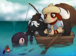  anthro boat cephalopod chisai clothed clothing coleoid decapodiform detailed_background digital_media_(artwork) duo fan_character feathers feral fishing fishing_rod generation_2_pokemon generation_3_pokemon linoone marine mollusk nintendo o-ishi outside pokemon pokemon_(species) sea semi-anthro sitting smeargle smile tentacle tracy_(linker) vehicle water watercraft 