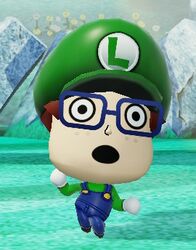  1boy 3d bespectacled black_eyes blue-framed_eyewear blue_overalls blue_pants cosplay cropped freckles full_body glasses gloves green_hat green_shirt hat long_sleeves looking_at_viewer lowres luigi luigi_(cosplay) male_focus mario_(series) mii_(nintendo) miitopia non-web_source off-topic open_mouth overalls pants rectangular_eyewear screenshot shirt solo white_gloves 