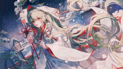  absurdres architecture arrow_(projectile) blush commentary east_asian_architecture female flower green_eyes green_hair hair_ornament hamaya hatsune_miku highres holding holding_arrow japanese_clothes kimono long_hair looking_at_viewer maccha_(mochancc) moon night shiromuku smile snow snowflake_hair_ornament solo standing symbol-only_commentary twintails uchikake very_long_hair vocaloid wataboushi yuki_miku yuki_miku_(2013) 