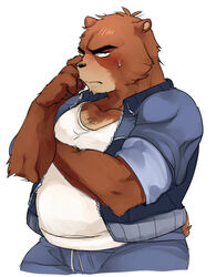  1boshi 2013 anthro bear belly big_belly black_nose blush bottomwear brown_body brown_fur clothing fur humanoid_hands juuichi_mikazuki kemono male mammal morenatsu overweight overweight_male pants shirt simple_background solo topwear white_background 