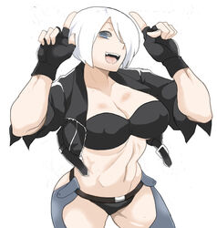  abs angel_(kof) backless_pants blue_eyes bra breasts chaps cleavage cropped_jacket female fingerless_gloves gloves hair_over_one_eye highres horns_pose index_fingers_raised jacket large_breasts leather leather_jacket looking_at_viewer midriff navel panties pants ryu3224 short_hair smile snk solo strapless strapless_bra the_king_of_fighters the_king_of_fighters_xiv toned underwear white_hair 