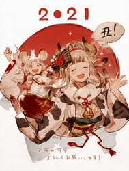  2021 2girls animal_ear_fluff animal_ears animal_print arms_up bell bowl chinese_zodiac closed_eyes commentary_request cow_ears cow_horns cow_print forehead grey_hair happy highres horns japanese_clothes junwool mouse_(animal) mouse_ears multiple_girls open_mouth original red_eyes traditional_media translated waving white_hair year_of_the_ox 