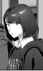  backpack bag bob_cut clothes_writing commentary female greyscale highres hood hood_down hoodie looking_at_viewer looking_to_the_side medium_hair monochrome original parted_lips solo_focus yukiyoshi_mamizu 