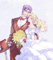  1boy black_pants blonde_hair blue_eyes bouquet breasts commentary_request couple dress erina_pendleton female flower formal hand_on_another&#039;s_hip hat holding holding_bouquet holding_clothes holding_hat husband_and_wife jojo_no_kimyou_na_bouken jonathan_joestar kusamura_dai long_hair long_sleeves looking_at_viewer muscular muscular_male pants phantom_blood short_hair smile straight unworn_hat unworn_headwear wedding_dress white_dress 