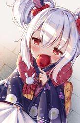  azur_lane blurry blush bow candy_apple clothes_grab commander_(azur_lane) commentary covered_mouth depth_of_field double_bun eyes_visible_through_hair female food from_above fur_scarf hair_between_eyes hair_bun hair_ornament hairband hairbow highres holding irokari japanese_clothes kimono laffey_(azur_lane) laffey_(snow_rabbit_and_candy_apple)_(azur_lane) long_hair long_sleeves looking_at_viewer looking_up military military_uniform naval_uniform obi official_alternate_costume pov red_eyes sash shade sidelocks solo_focus twintails uniform white_hair wide_sleeves 