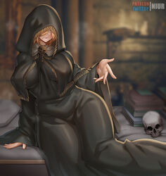  artist_name bad_id bad_pixiv_id bed black_dress blonde_hair book book_stack breasts candle closed_mouth covered_navel covered_nipples dress elden_ring female fia_the_deathbed_companion hair_over_eyes hood hood_up indoors large_breasts long_hair long_sleeves niur on_bed open_hand pillow sitting skull sleeves_past_wrists smile solo steam steaming_body wide_sleeves 