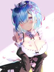  bad_id bad_pixiv_id bare_shoulders black_bow black_dress blue_eyes blue_hair blush bow breasts breasts_squeezed_together cleavage closed_mouth collarbone detached_collar detached_sleeves dress female flower_knot hair_ornament hair_over_one_eye hair_ribbon hairband hairclip head_tilt highres lolita_hairband long_sleeves looking_at_viewer maid medium_breasts petals purple_ribbon re:zero_kara_hajimeru_isekai_seikatsu rem_(re:zero) ribbon roswaal_mansion_maid_uniform sho_(runatic_moon) short_hair solo upper_body x_hair_ornament 