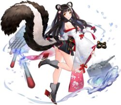  animal_ear_fluff animal_ears ass azur_lane bare_shoulders black_hair black_skirt boots breasts brown_eyes female floating_hair flower from_behind full_body grey_footwear hair_flower hair_ornament high_heels highres japanese_clothes kimono large_breasts leg_up legs long_hair long_sleeves long_tail looking_back miniskirt multicolored_hair naganami_(azur_lane) no_panties off_shoulder official_alternate_costume official_art open_mouth sideboob skirt skunk_ears skunk_tail smile solo standing standing_on_one_leg streaked_hair suisai_(suisao) tail thighs torpedo transparent_background two-tone_hair white_hair wide_sleeves 