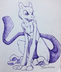  2018 2_toes ambiguous_gender cross-hatching feet felid feline feral full-length_portrait generation_1_pokemon hatching_(art) hi_res keenadraws legendary_pokemon looking_aside mammal mewtwo monochrome nintendo pawpads pokemon pokemon_(species) portrait purple_eyes purple_tail shaded simple_background sitting solo tail toes traditional_media_(artwork) white_background 