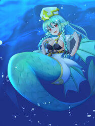  air_bubble aqua_hair blush braid breasts bubble center_opening cleavage clothing_cutout female fins green_hair hat head_fins large_breasts long_hair looking_at_viewer mermaid monster_girl monster_girl_encyclopedia open_mouth priestess red_eyes rethnick scales sea_bishop smile solo stone_tablet twin_braids underwater 