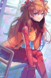  absurdres blue_eyes bodysuit bracer breasts cleavage evangelion:_2.0_you_can_(not)_advance female hairpods highres interface_headset long_hair medium_breasts misty_cj multicolored_bodysuit multicolored_clothes neon_genesis_evangelion orange_bodysuit orange_hair pilot_suit plugsuit rebuild_of_evangelion red_bodysuit science_fiction see-through see-through_cleavage sitting smile solo souryuu_asuka_langley test_plugsuit 