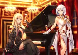  2girls asymmetrical_clothes azur_lane bare_shoulders bismarck_(azur_lane) bismarck_(beacon_of_the_ironblood)_(azur_lane) black_dress black_gloves black_legwear blonde_hair blue_eyes breasts cacaofire cape cleavage coat_of_arms cross cross_earrings cup dress drinking_glass earrings epaulettes fingerless_gloves gloves gold_trim hair_between_eyes halter_dress highres holding holding_cup holding_scepter instrument iron_cross jewelry large_breasts long_dress long_hair looking_at_viewer medal medallion medium_hair multiple_girls piano scepter side_slit sitting sleeveless sleeveless_dress smile standing tirpitz_(azur_lane) tirpitz_(iron_blood_snowstorm)_(azur_lane) white_cape white_gloves white_hair wine_glass wrist_cuffs 