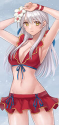  armpits arms_up bare_arms bare_shoulders bikini bikini_skirt breasts cleavage commentary_request cowboy_shot duplicate female fire_emblem fire_emblem:_radiant_dawn fire_emblem_heroes flower frilled_bikini frills grey_background groin hair_between_eyes hair_flower hair_ornament hair_ribbon hazuki_(nyorosuke) hibiscus highres long_hair looking_at_viewer medium_breasts micaiah_(fire_emblem) micaiah_(summer)_(fire_emblem) navel official_alternate_costume partial_commentary pixel-perfect_duplicate red_bikini ribbon solo standing stomach swimsuit thighs very_long_hair white_flower white_hair yellow_eyes 