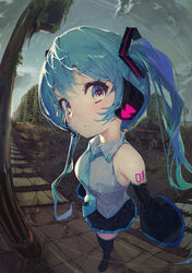  bare_shoulders black_skirt black_sleeves blue_eyes blue_hair blue_necktie blush breasts collared_shirt commentary detached_sleeves female fisheye grass grey_sky hatsune_miku headset highres long_hair looking_at_viewer mont_blanca necktie outdoors pleated_skirt post-apocalypse rewind_button road ruins scanlines shirt skirt sky small_breasts solo street symbol-shaped_pupils thighhighs twintails vocaloid white_shirt wide_sleeves 