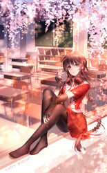  black_gloves black_pantyhose braid braided_ponytail brown_hair cherry_blossoms classroom commentary elbow_gloves female fingerless_gloves floating_hair full_body gloves happy_birthday headphones headphones_around_neck highres long_hair miniskirt pantyhose pleated_skirt red_skirt sailor_collar school_uniform short_sleeves single_braid sitting skirt solo very_long_hair vocaloid vsinger white_sailor_collar yu_jiu yuezheng_ling 