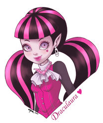  absurdres autome bat_necklace black_hair black_sleeves colored_skin draculaura eyelashes fangs female hair_ornament hairclip heart highres monster monster_high monster_high_(g1) multicolored_hair neckerchief pink_hair pink_shirt pink_skin shirt two-tone_hair vampire 