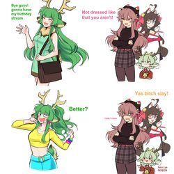  ! 4girls ? ahoge animal_ears antlers arai_shinomiya breasts brown_hair closed_eyes commentary crop_top crossed_arms drooling earrings english_commentary english_text green_eyes green_hair hair_between_eyes haruka_karibu hat heterochromia highres horns indie_virtual_youtuber jewelry long_hair long_sleeves medium_breasts meme mouth_drool multiple_girls myu_usagii open_mouth orange_eyes pantyhose pink_eyes ponytail profanity purple_eyes shika_tsuki shinomiya_arts simple_background skirt sleeveless teeth tongue virtual_youtuber white_background yas_bitch_slay_(meme) 