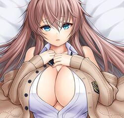  asamura_hiori azur_lane bed blue_eyes blush breasts brown_cardigan brown_hair cardigan cleavage collared_shirt female hair_between_eyes highres impero_(azur_lane) impero_(languid_librarian)_(azur_lane) large_breasts long_hair looking_at_viewer lying no_bra official_alternate_costume on_back on_bed open_mouth shirt sleeveless sleeveless_shirt solo sweater upper_body very_long_hair white_shirt 