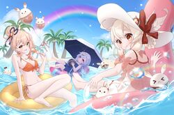  3girls :d absurdres afloat alternate_costume alternate_hairstyle arm_support bare_back bare_shoulders barefoot beach bikini blue_sky blurry bow-shaped_hair braid breasts camisole casual_one-piece_swimsuit cleavage cloud cloudy_sky coconut coconut_tree commentary_request depth_of_field detached_sleeves dodoco_(genshin_impact) dress drinking_straw drinking_straw_in_mouth flat_chest food frilled_one-piece_swimsuit frills genshin_impact hair_between_eyes hair_bun hair_ornament hairclip hat hat_ornament highres holding holding_food holding_popsicle holding_swim_ring horizon innertube jiangshi jumpy_dumpty klee_(genshin_impact) light_brown_hair lolicon long_hair looking_at_viewer medium_breasts multiple_girls navel neneko_sleep ofuda ofuda_on_head on_innertube one-piece_swimsuit orange_bikini orange_eyes outdoors palm_tree pointy_ears popsicle purple_eyes purple_hair qiqi_(genshin_impact) rainbow see-through see-through_camisole short_sleeves side-tie_bikini_bottom sidelocks single_braid single_hair_bun sitting sky sleeveless smile spaghetti_strap stomach stuffed_animal stuffed_toy summer sun_hat sundress swim_ring swimsuit toes tree umbrella vision_(genshin_impact) water_drop wet wet_clothes wet_swimsuit white_one-piece_swimsuit yoimiya_(genshin_impact) 