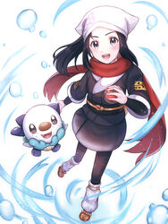  :d akari_(pokemon) black_hair black_kimono black_pants black_skirt female floating_hair grey_eyes highres holding holding_poke_ball japanese_clothes kimono long_hair looking_at_viewer miniskirt nei_(aduma1120ponpon) open_mouth oshawott pants poke_ball pokemon pokemon_(creature) pokemon_legends:_arceus ponytail red_scarf scarf sidelocks skirt smile white_background white_headwear 