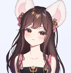  ahri_(ari_30305) animal_ears bare_shoulders black_dress blush bow brown_eyes brown_hair closed_mouth collarbone commentary dress female grey_background long_hair looking_at_viewer original pink_bow simple_background sleeveless sleeveless_dress solo symbol-only_commentary upper_body 