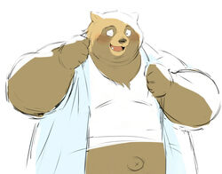  2020 anthro belly blush brown_body brown_fur canid canine clothed clothing fur humanoid_hands kemono male mammal one_eye_closed open_clothing open_shirt open_topwear overweight overweight_anthro overweight_male raccoon_dog sessa shirt simple_background solo tanuki topwear white_background wink 