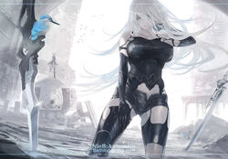  2b_(nier:automata) 2girls a2_(nier:automata) alternate_breast_size android animal_on_weapon backlighting bird bird_on_weapon black_shorts blue_eyes breasts copyright_name covered_nipples day english_text floating_hair hand_in_own_hair highres kingfisher large_breasts lens_flare long_hair machine_(nier) maeshima_shigeki mole mole_under_mouth multiple_girls nier:automata nier_(series) planted planted_sword post-apocalypse robot shorts solo_focus sword taut_clothes type-4o_sword virtuous_contract virtuous_treaty wading water weapon white_hair 