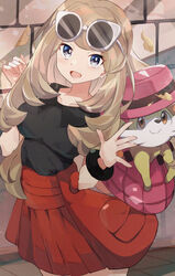  black_shirt blonde_hair breasts brick_wall eyewear_on_head female fennekin grey_eyes hands_up high-waist_skirt highres large_breasts long_hair looking_at_viewer mega_ring open_mouth outdoors pink_bag pink_headwear pokemon pokemon_(creature) pokemon_xy red_skirt serena_(pokemon) shirt skirt sleeveless sleeveless_shirt solo tinted_eyewear umiru unworn_headwear white-framed_eyewear 