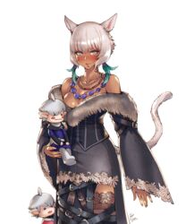  absurdres alisaie_leveilleur alphinaud_leveilleur animal_ears archon_mark bare_shoulders blush breasts cat_ears cat_girl cat_tail cleavage corset cosplay dark_skin dress elf facial_mark female final_fantasy final_fantasy_x final_fantasy_xiv fur-trimmed_dress fur_trim grey_eyes highres hjz_(artemi) in-franchise_crossover jewelry large_breasts lulu_(ff10) lulu_(ff10)_(cosplay) miqo&#039;te necklace off-shoulder_dress off_shoulder pointy_ears short_hair stuffed_toy tail tattoo thighhighs thighs whisker_markings white_hair wide_sleeves y&#039;shtola_rhul 