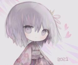  2021 bad_id bad_pixiv_id blush chibi closed_mouth commentary_request cottontailtokki female floral_print grey_background hair_between_eyes heart japanese_clothes kimono korean_commentary obi print_kimono purple_eyes purple_hair sash shadowverse shingeki_no_bahamut smile solo spinaria_(shadowverse) 