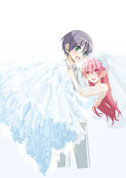  1boy :d blush bridal_veil bride carrying collared_shirt commentary_request couple cropped_legs dress female formal green_eyes grey_necktie groom hata_kenjirou highres husband_and_wife jacket jewelry long_hair looking_at_viewer necktie official_art open_mouth pants pink_hair princess_carry purple_hair red_eyes ring shirt simple_background smile standing straight suit tonikaku_kawaii veil wedding_dress wedding_ring white_background white_dress white_jacket white_pants white_shirt white_suit yuzaki_nasa yuzaki_tsukasa 