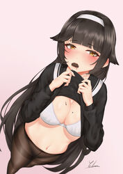  absurdres artist_name azur_lane black_hair black_pantyhose black_shirt blush box box_of_chocolates bra breasts chinese_commentary chocolate cleavage clothes_lift commentary_request eating female from_above hair_ornament hairband heart-shaped_box highres ichikushi_mojibake long_hair long_sleeves looking_at_viewer medium_breasts midriff navel official_alternate_costume pantyhose parted_lips school_uniform serafuku shirt shirt_lift simple_background solo standing takao_(azur_lane) takao_(school_romanza)_(azur_lane) thighband_pantyhose underwear white_bra white_hairband yellow_eyes 