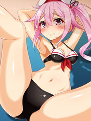  3: beret bikini black_bikini breasts commentary_request commission female flower gradient_hair hair_flaps hair_flower hair_ornament harusame_(kancolle) hat highres kantai_collection kazami_ren_(fuushagoya) multicolored_hair pink_hair red_eyes side_ponytail skeb_commission small_breasts solo spread_legs swimsuit white_hat 