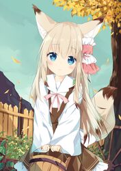  animal_ears blue_sky blush bow brown_dress brown_hair bucket closed_mouth collared_shirt commentary_request day dress female fence fox_ears fox_girl fox_tail frilled_dress frills hair_between_eyes hair_ornament highres holding holding_bucket kushida_you long_hair long_sleeves looking_at_viewer mountain multicolored_hair original outdoors pink_bow shirt sky sleeveless sleeveless_dress sleeves_past_wrists smile solo standing tail tree two-tone_hair very_long_hair white_shirt wide_sleeves wooden_bucket wooden_fence 