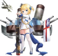  :o aged_down aircraft airplane azur_lane biplane blonde_hair blue_bow blue_eyes blue_ribbon bow braid cannon coat_dress female flag full_body gold_trim hair_ornament hairbow highres little_renown_(azur_lane) liyu_li long_hair long_sleeves looking_at_viewer mary_janes military military_uniform official_art one_side_up open_mouth ribbon royal_navy_emblem_(azur_lane) rudder_footwear shoes single_braid smokestack solo standing sword thighhighs transparent_background turret uniform v-shaped_eyebrows walrus_(airplane) weapon white_thighhighs zettai_ryouiki 