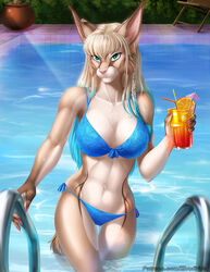  2020 5_fingers anthro beverage bikini blonde_hair blue_eyes blue_hair braided_hair breasts chest_tuft claws clothed clothing day detailed_background digital_media_(artwork) elvofirida felid feline female fingers hair hi_res holding_beverage holding_glass holding_object legs_in_water long_hair lynx mammal midriff multicolored_hair navel outside partially_submerged pink_nose saficat_(safigirl) solo submerged_legs swimming_pool swimwear tuft two_tone_hair water 