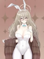  absurdres akane_(blue_archive) akane_(bunny)_(blue_archive) animal_ears blue_archive breasts brown_background brown_eyes fake_animal_ears female glasses gloves highres large_breasts leotard light_brown_hair long_hair pantyhose playboy_bunny rabbit_ears ruri_(kitsuwi) solo strapless strapless_leotard very_long_hair white_gloves white_leotard white_pantyhose 