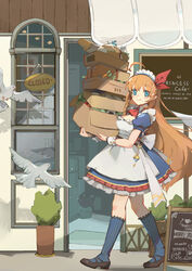  ahoge animal apron bird black_footwear blue_dress blue_eyes blue_socks blush braid breasts chinese_commentary closed_mouth commentary copyright_name day dress female frilled_apron frilled_dress frills hair_between_eyes hair_ribbon kneehighs long_hair maid_headdress menu_board mixed-language_commentary orange_hair outdoors pecorine_(princess_connect!) photoshop_(medium) princess_connect! puffy_short_sleeves puffy_sleeves red_ribbon ribbed_legwear ribbon shadowsinking shoes short_sleeves sign smile socks solo split_mouth very_long_hair white_apron window wrist_cuffs 