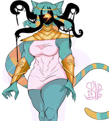  1_eye 2022 anthro breasts cherry_token clothing domestic_cat dress egyptian egyptian_clothing eldritch_abomination eye_of_horus felid feline felis female hair hi_res looking_at_viewer mammal muscular muscular_anthro muscular_female nyanlathotep_(sucker_for_love) solo sucker_for_love tentacle 