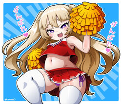  :3 :d azur_lane bache_(azur_lane) bare_shoulders blonde_hair blue_background blush border breasts cheerleader commentary cowboy_shot eyebrows_hidden_by_hair fangs female from_below groin hair_between_eyes hand_up heart heart-shaped_pupils holding holding_pom_poms kurono long_hair looking_at_viewer midriff navel open_mouth panties pantyshot pleated_skirt pom_pom_(cheerleading) purple_eyes purple_panties red_shirt red_skirt shirt side-tie_panties sidelocks skindentation skirt sleeveless sleeveless_shirt small_breasts smile solo standing symbol-shaped_pupils thighhighs translated twitter_username two_side_up underwear white_border wide_hips 