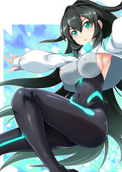  aqua_eyes armpits black_bodysuit black_hair bodysuit breasts bunji covered_navel covered_nipples female gundam gundam_build_divers gundam_build_divers_re:rise highres impossible_bodysuit impossible_clothes large_breasts long_hair long_sleeves looking_at_viewer may_(gundam_build_divers_re:rise) open_mouth outstretched_arms shiny_clothes shiny_skin shrug_(clothing) skin_tight solo 