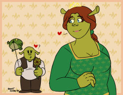  2025 3_toes 4_fingers 5_fingers ambiguous_feral ambiguous_gender amphibian arms_bent artist_name bald black_eyes blue_eyes bottomwear braided_hair breasts brown_bottomwear brown_clothing brown_eyelashes brown_footwear brown_pants brown_shoes brown_topwear brown_vest canon_couple cleavage clothed clothed_female clothed_humanoid clothed_male clothing crown digital_drawing_(artwork) digital_media_(artwork) dot_eyes dreamworks dress ears_down eyebrow_through_hair eyebrows eyelashes feet female female_humanoid feral fingers floating flower footwear frog fully_clothed fully_clothed_humanoid fully_clothed_male green_body green_clothing green_dress green_hair_tie green_skin group hair headgear heart_symbol hi_res holding_flower holding_object holding_sunflower humanoid inflation larger_female larger_humanoid larger_male light lighting lipstick looking_at_another looking_at_partner looking_back looking_back_at_another looking_back_at_partner makeup male male_humanoid medium_breasts ogre open_clothing open_topwear open_vest pants pattern_background pink_lipstick pivoted_ears plant portuguese_description princess princess_fiona puckered_lips question_mark red_eyebrows red_hair royalty shaded shirt shoes shrek_(character) shrek_(series) simple_background simple_eyes simple_shading size_difference smaller_ambiguous smaller_feral smile smiling_at_another smiling_at_partner standing sunflower sweetcherry2319 text tiara toes topwear translucent translucent_hair trio vest white_clothing white_shirt white_topwear yellow_sclera 