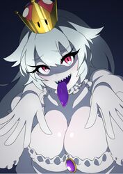  big_breasts boosette cleavage dress female jewelry long_hair looking_at_viewer mario_(series) new_super_mario_bros._u_deluxe open_mouth pale_skin purple_tongue red_eyes sharp_teeth shoggoth_329 solo super_crown white_hair white_skin 